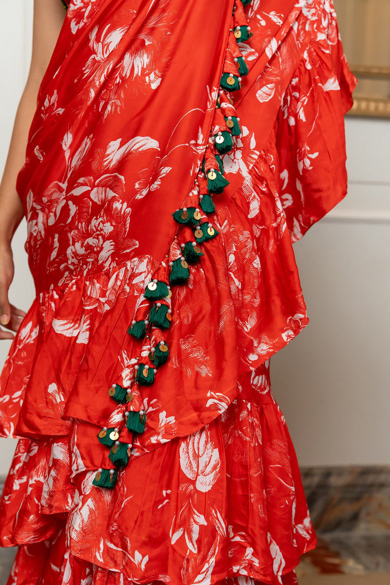 Red Cotton Satin Pre-Stitched Saree Set