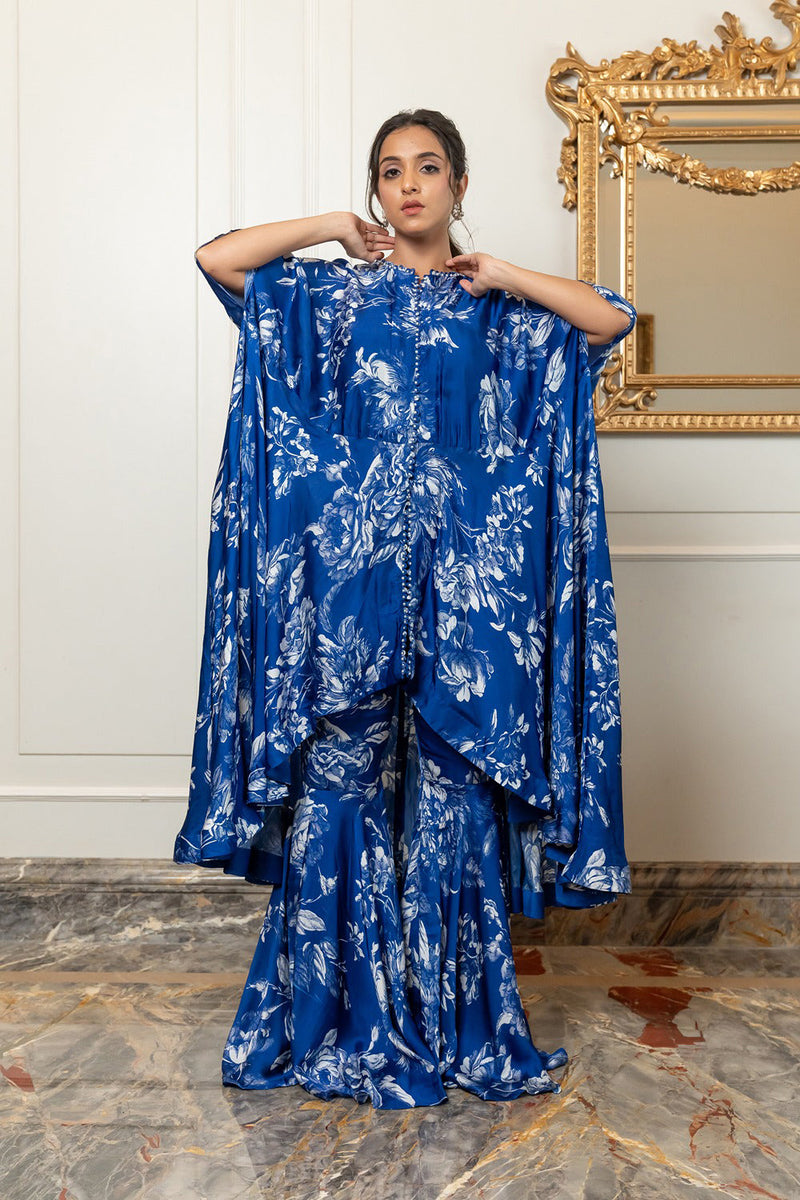 Blue Cotton Satin Draped Skirt Set