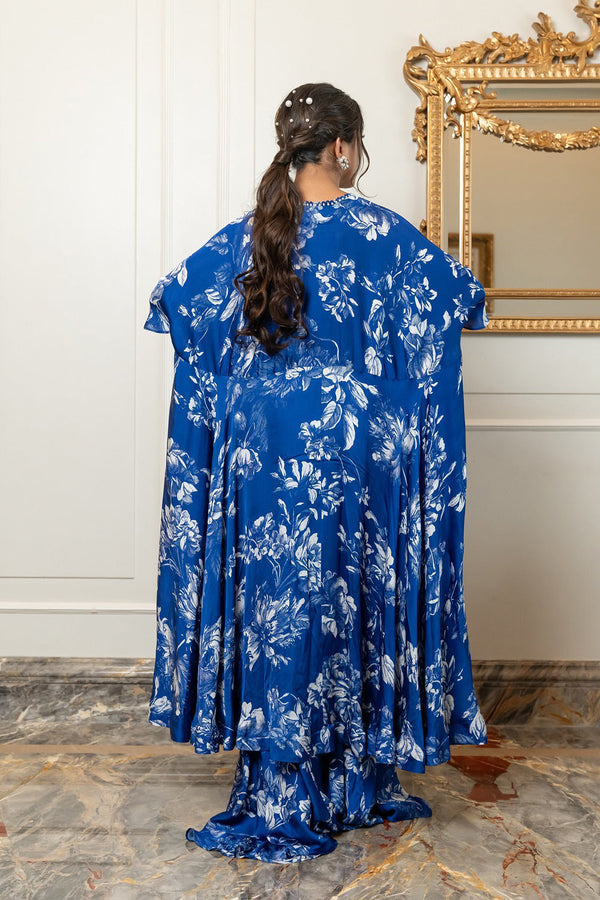 Blue Cotton Satin Draped Skirt Set