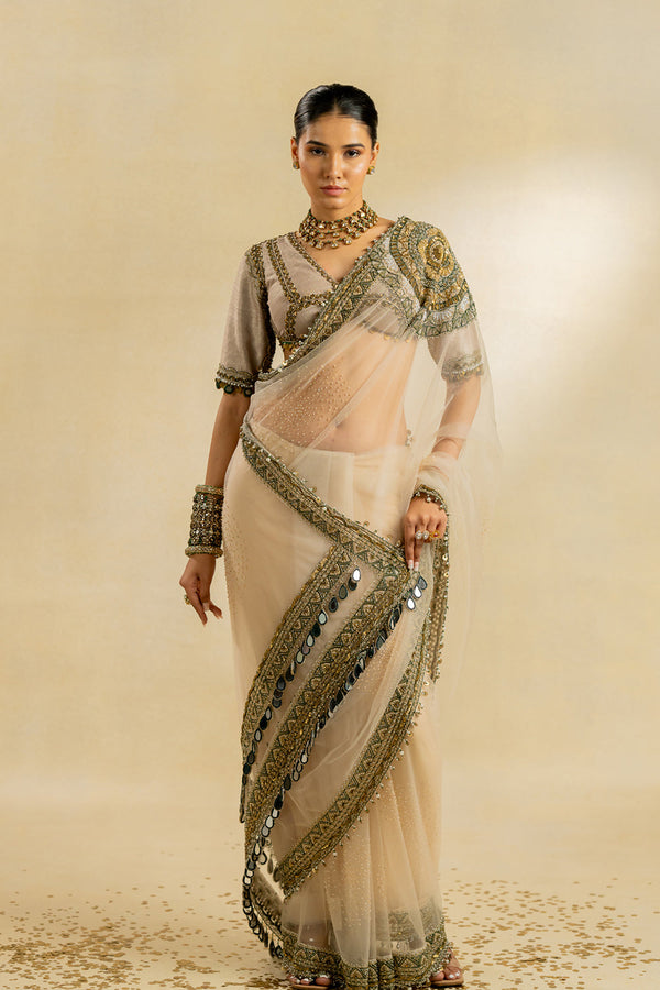 Ivory Net Saree With Pure Raw Silk Blouse