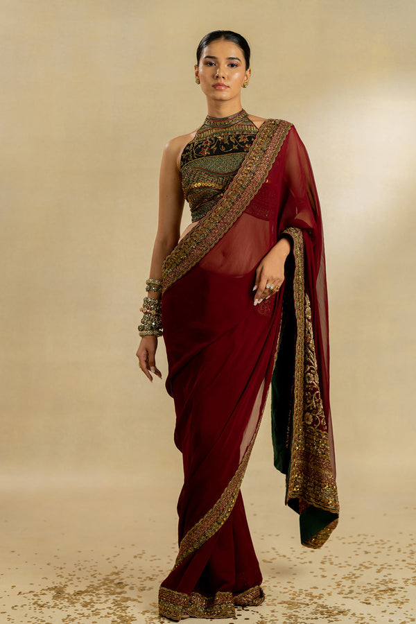 Pure Chiffon Saree And Emerald Green Blouse