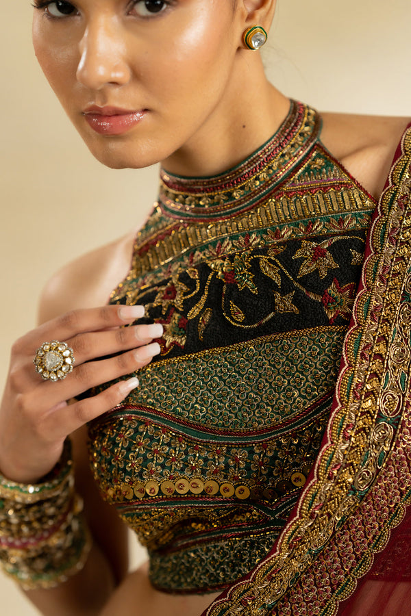 Pure Chiffon Saree And Emerald Green Blouse