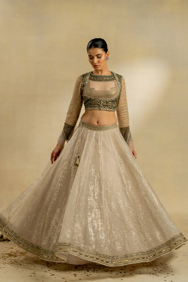 Ivory Foiled Organza Blouse And Lehenga