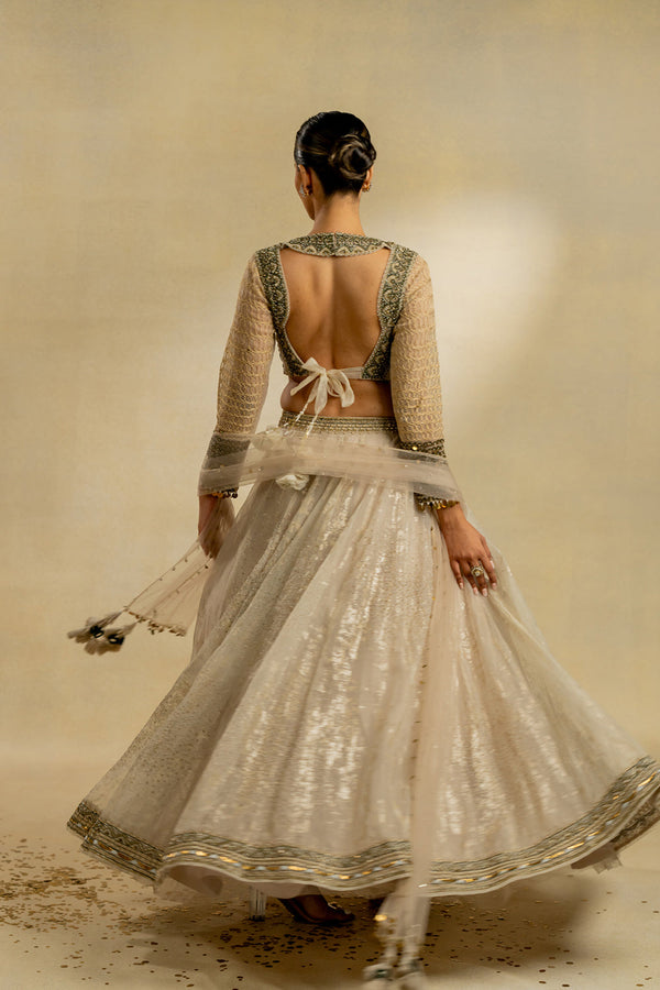 Ivory Foiled Organza Blouse And Lehenga