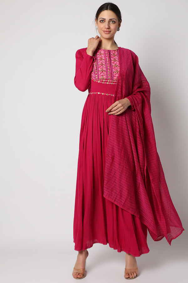 Magenta Embroidered Anarkali Set