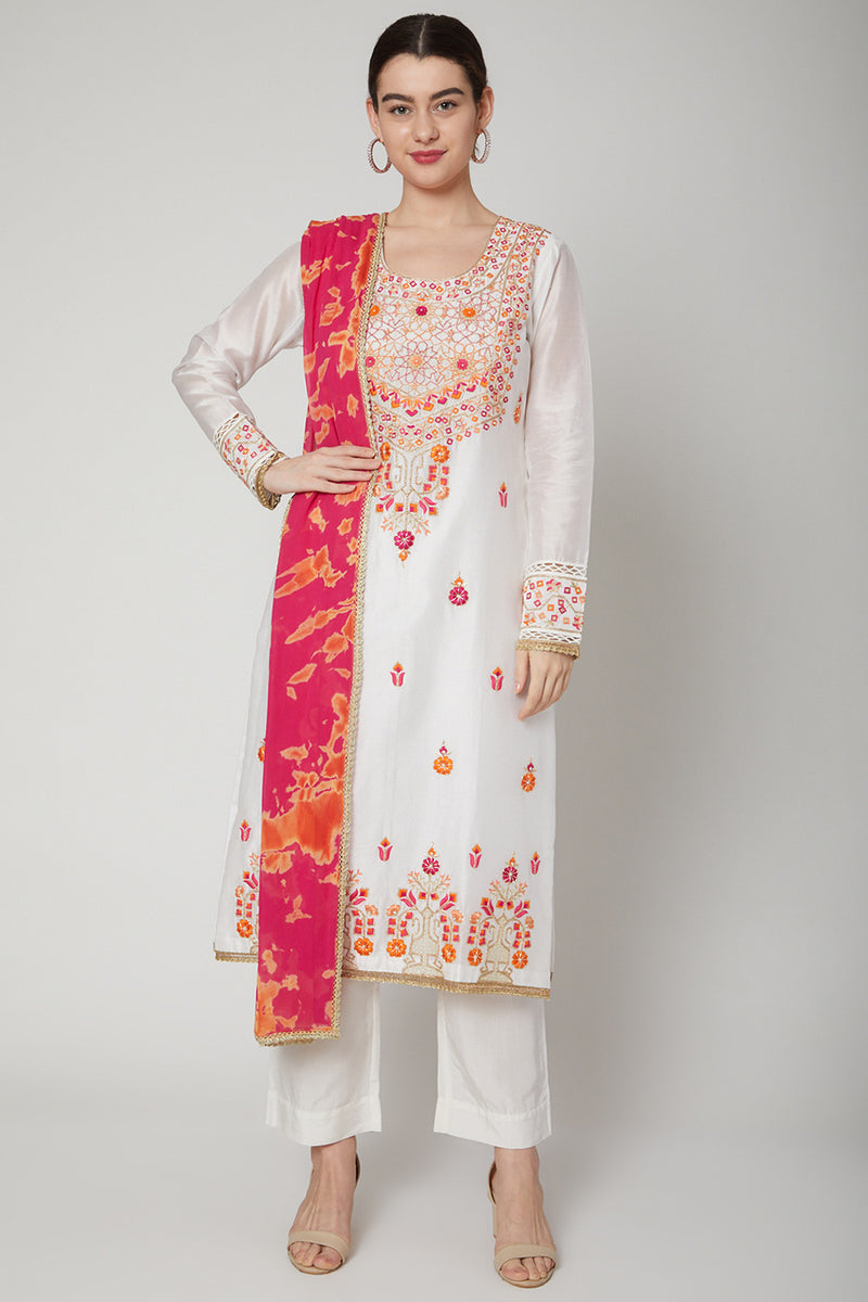 White Embroidered A-Line Kurta Set