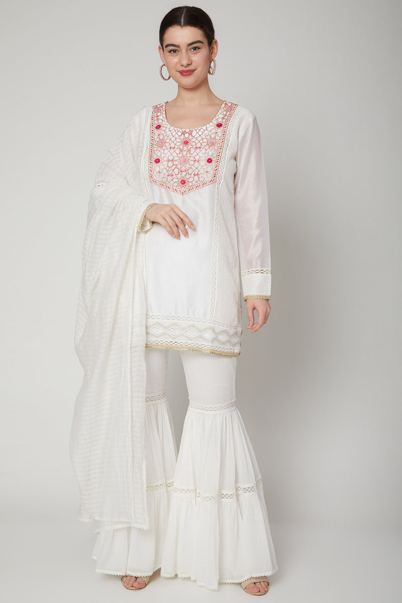 White Embroidered Gharara Set