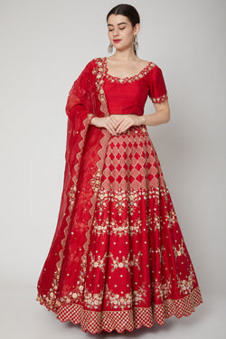 Red Embroidered Lehenga Set