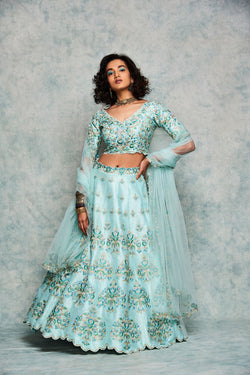 Turquoise Blue Embroidered Lehenga Set