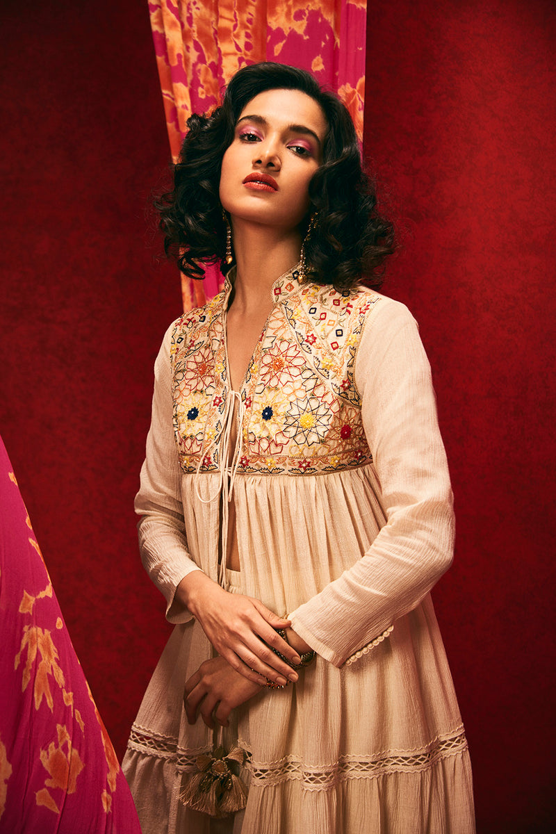 Beige Resham Embroidered Jacket