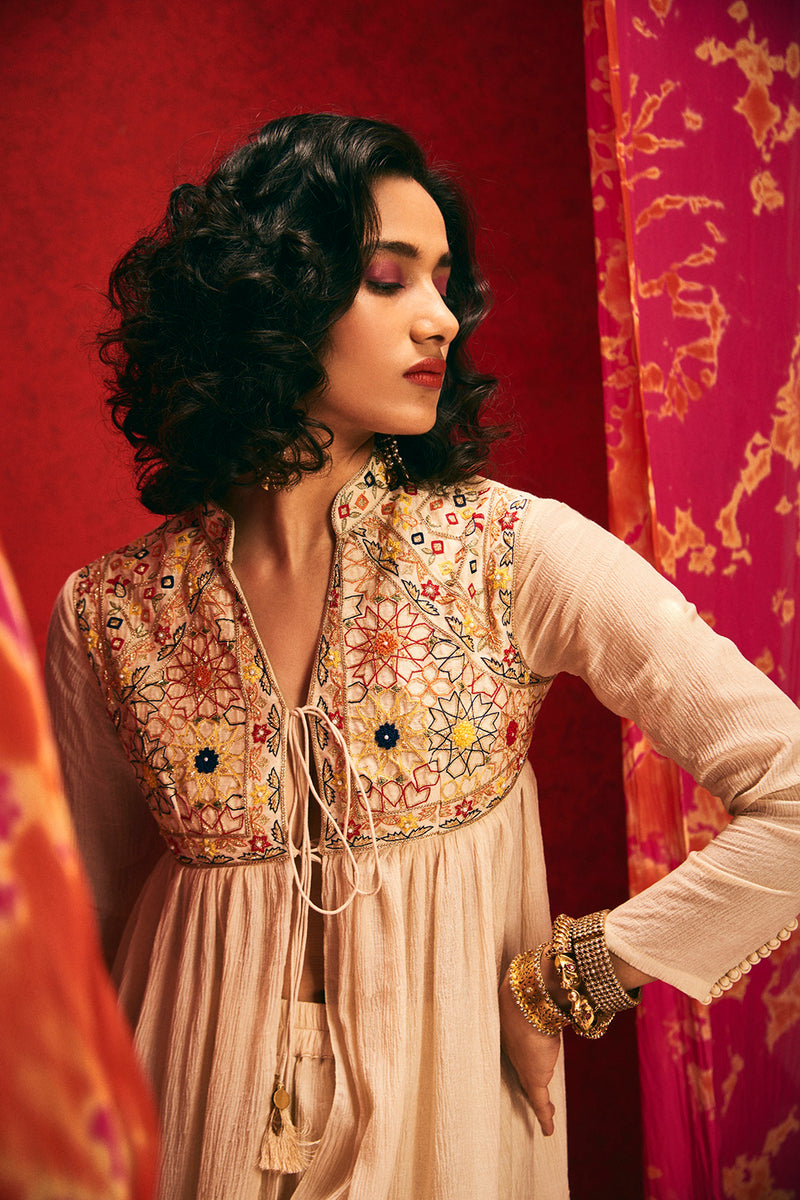 Beige Resham Embroidered Jacket