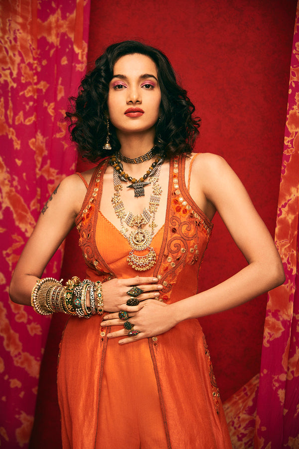 Orange Sleeveless Embroidered Jacket