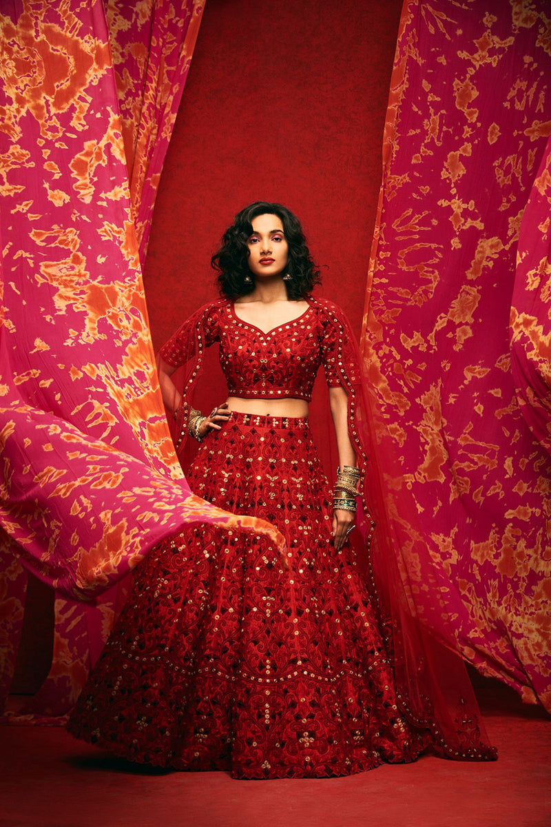 Red Embroidered Lehenga Set