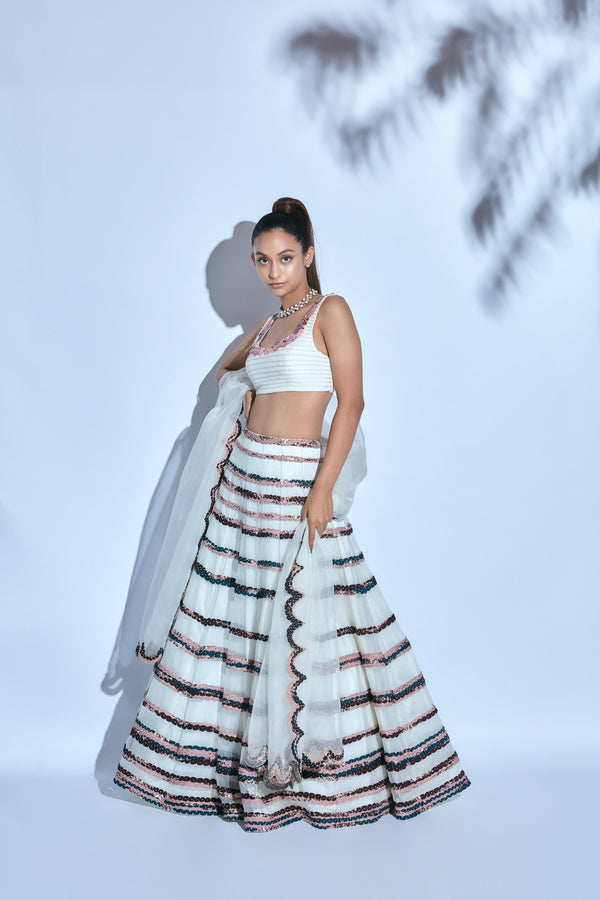Hand-embroidered Corded White Blouse paired with Hand-embroidered Skirt and Organza Dupatta