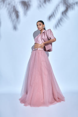 Pink Bustier paired with Pink Tulle Skirt and Pink Corded Jacket