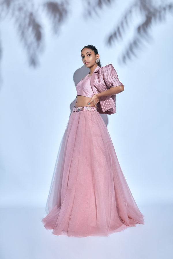 Pink Bustier paired with Pink Tulle Skirt and Pink Corded Jacket