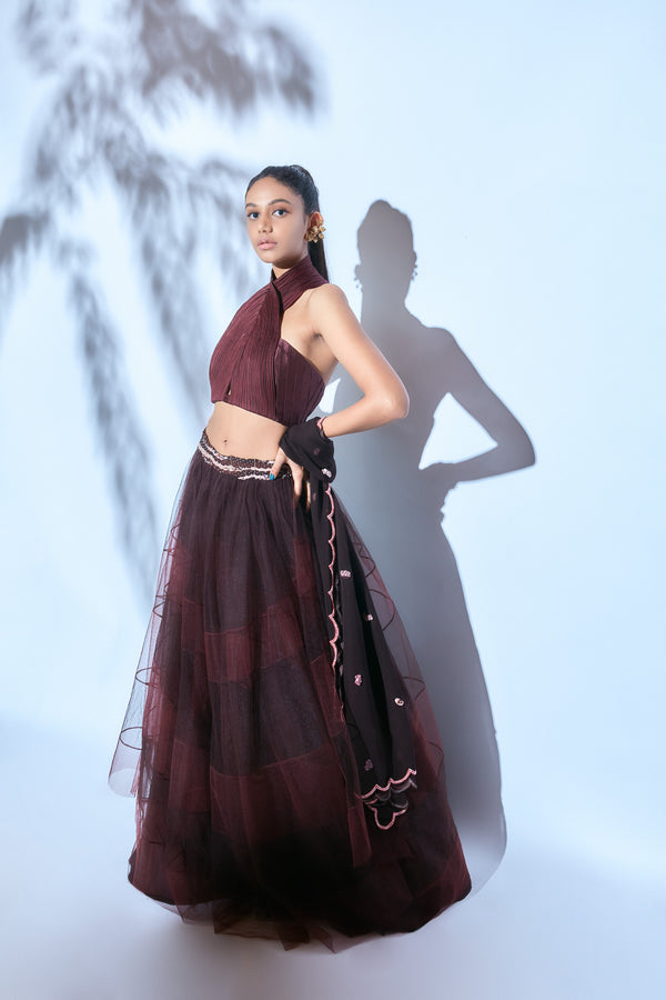 Corded Brown Top paired with Brown Skirt and Dupatta