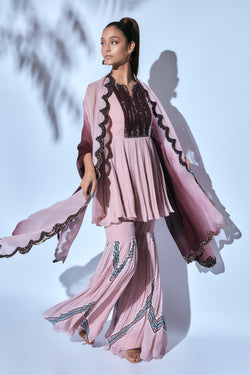 Pink Hand-embroidered Kurti paired with Printed Pink Sharara and Shaded Dupatta