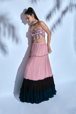 Pink Hand-embroidered Bustier paired with Tiered Skirt and Brown Hand-embroidered Dupatta