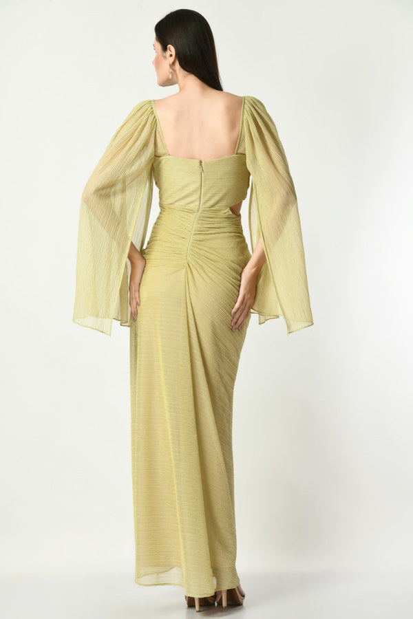 Golden Bling Ring - Cowl Draped Gown With Slit & Bag Sleeves In Shimmering Golden Color