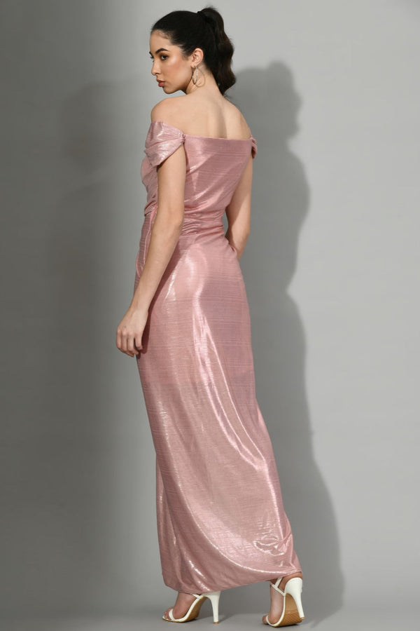 Glitz N Glam - Draped Gown With Slit In Mettalic Pink