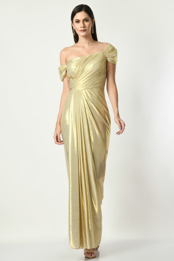 Golden Glitz N Glam - Off Shoulder Draped Gown In Golden Mettalic Color