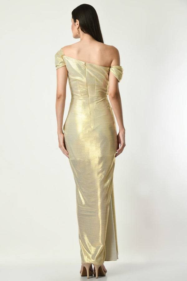 Golden Glitz N Glam - Off Shoulder Draped Gown In Golden Mettalic Color