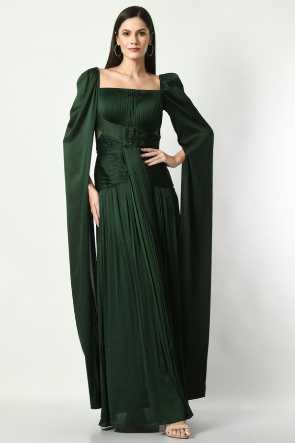 Unspoken Beauty - Rusching Gown In Bottle Green Color With Bag Sleeves