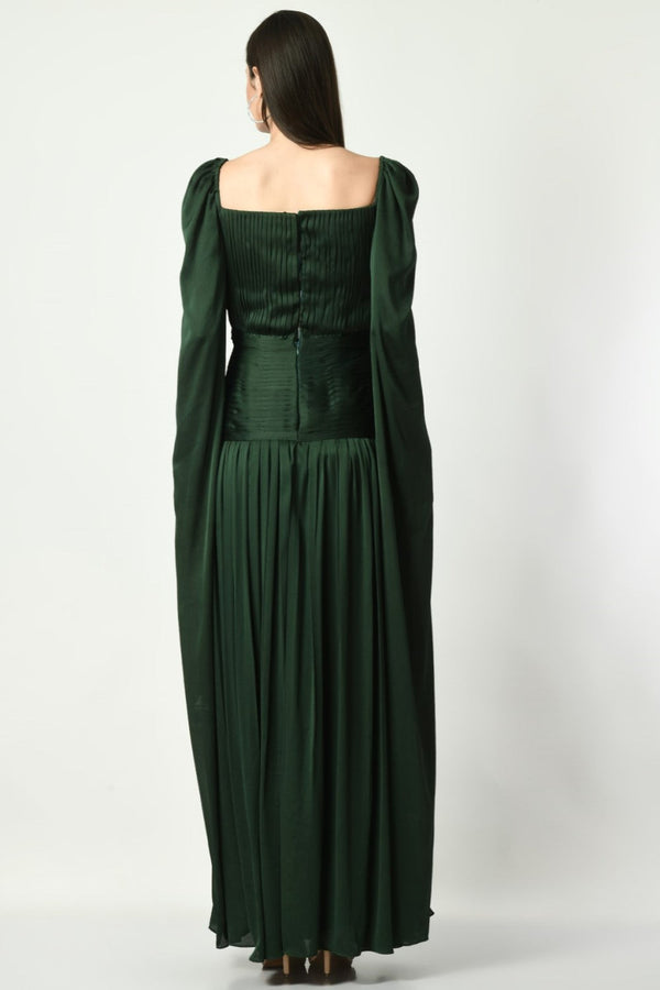 Unspoken Beauty - Rusching Gown In Bottle Green Color With Bag Sleeves