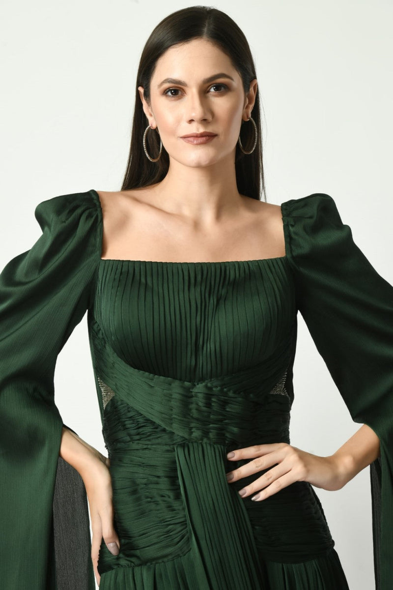 Unspoken Beauty - Rusching Gown In Bottle Green Color With Bag Sleeves