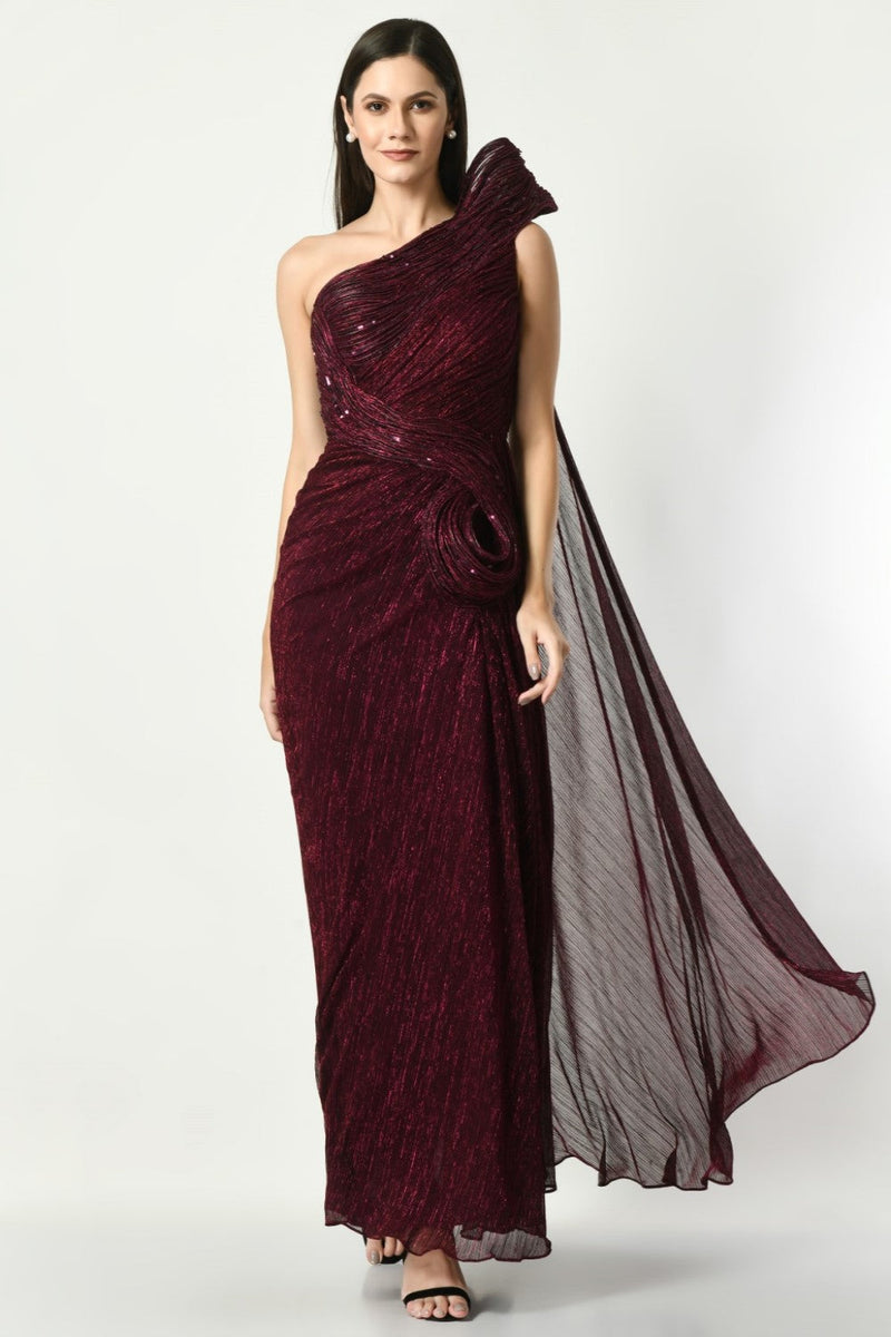 Whispering Wonders - Wine Draped Gown With Sequin Embroidery On Swirl