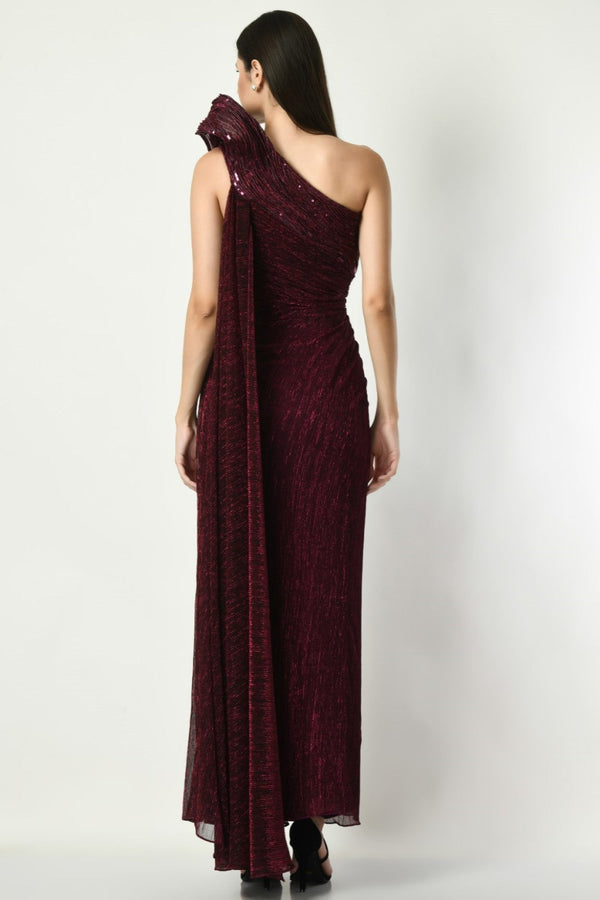 Whispering Wonders - Wine Draped Gown With Sequin Embroidery On Swirl
