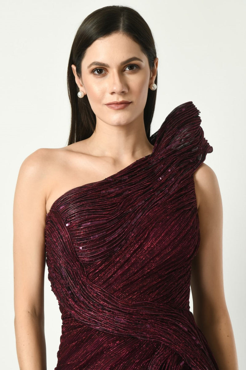 Whispering Wonders - Wine Draped Gown With Sequin Embroidery On Swirl