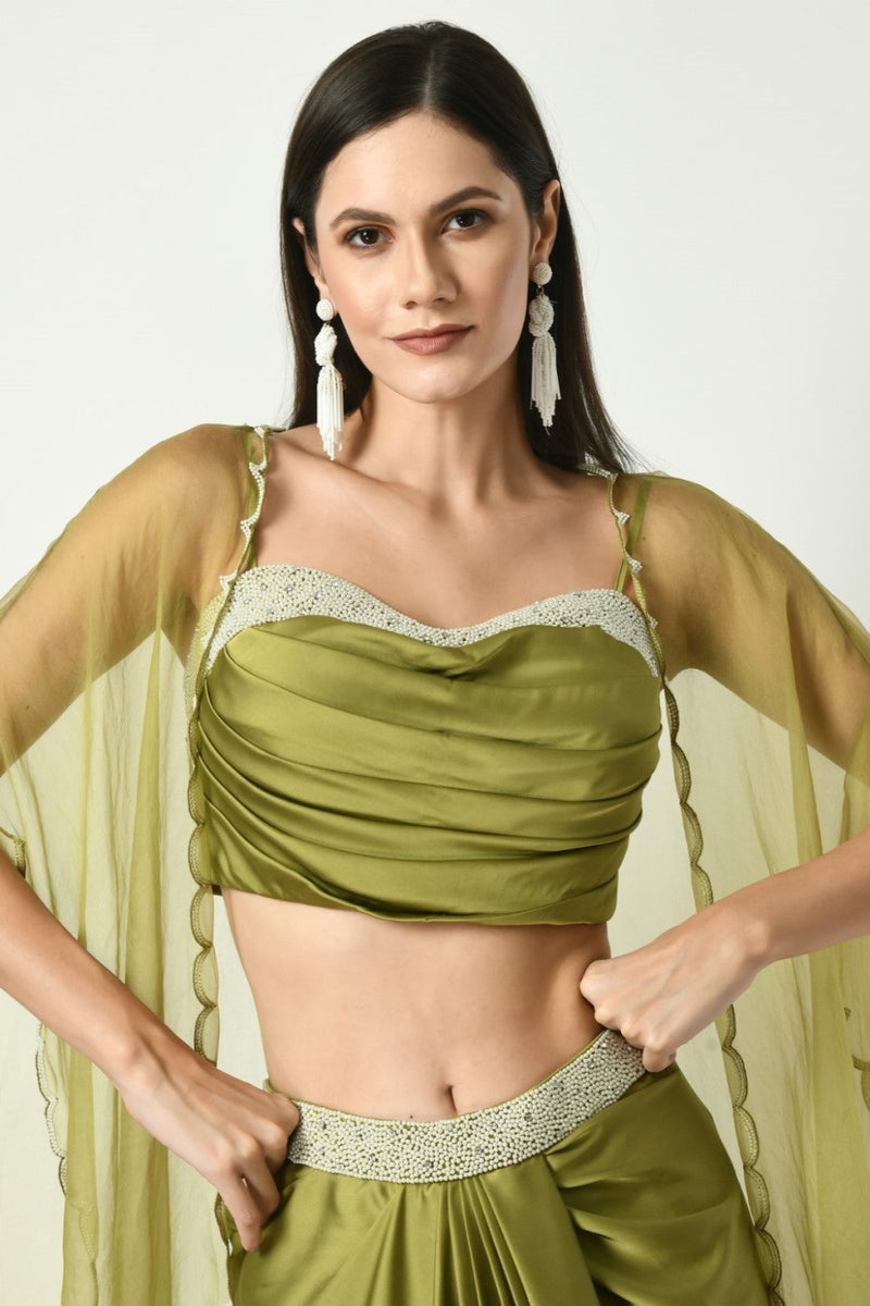 Draped Dhoti Skirt With Embroidered Belt And Cowl Blouse