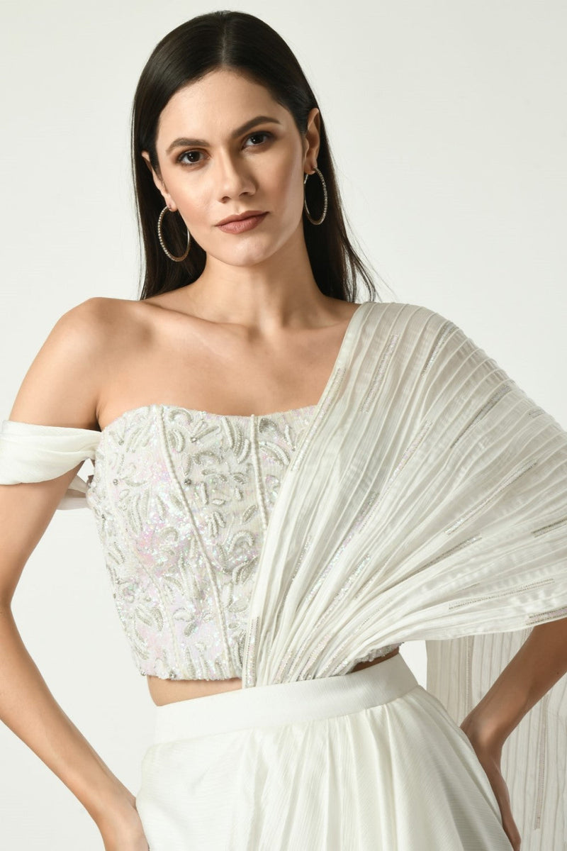 Swirl Draped Saree With Unicorn Colored Sequin Corset Embroidered Blouse