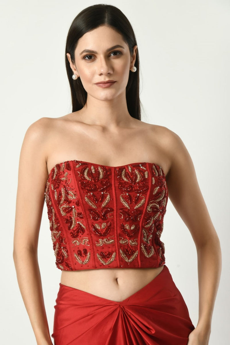 Draped Skirt With Off-Shoulder Corset Embroidered Blouse