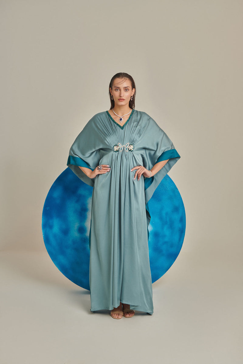 Sea Green Kaftan; Hand Embellished; Draped; Colour Blocking