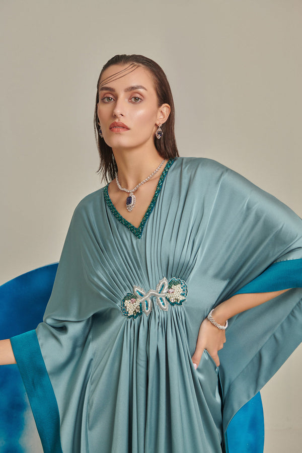 Sea Green Kaftan; Hand Embellished; Draped; Colour Blocking