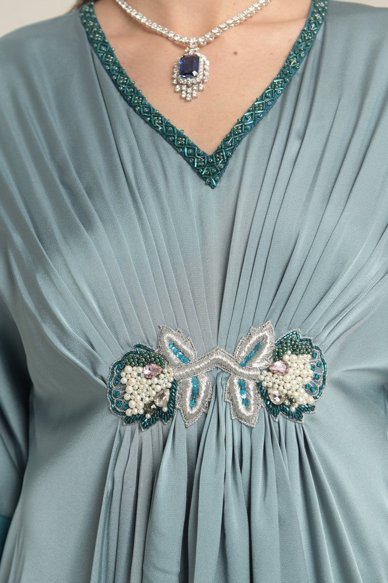 Sea Green Kaftan; Hand Embellished; Draped; Colour Blocking