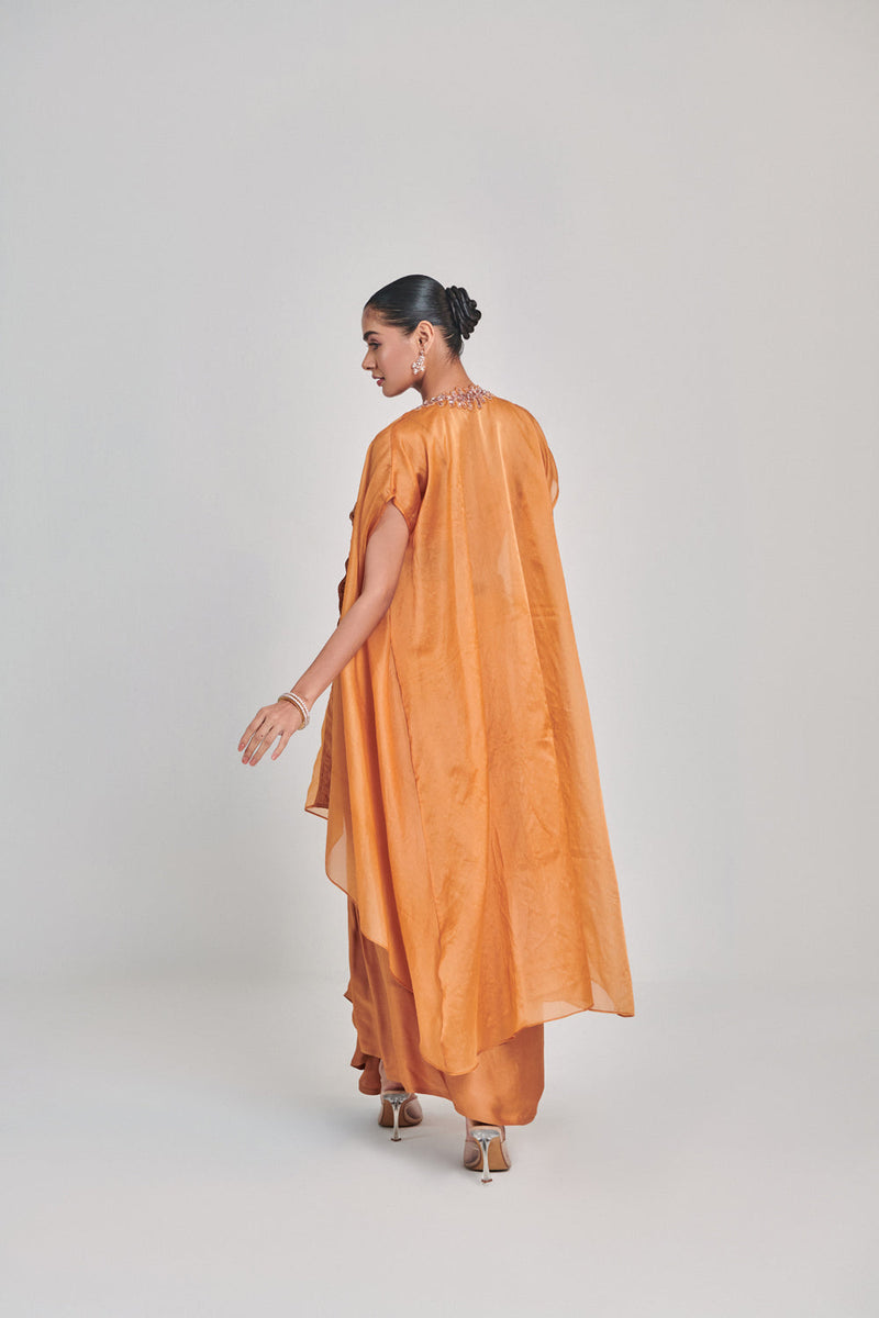 Mustard Cutowork Cape Skirt Set