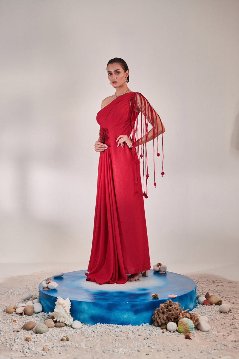 Draped Scarlet Gown With 3D Hand Embroidered Flower Detail On Front And Dori Detail On Sleeves
