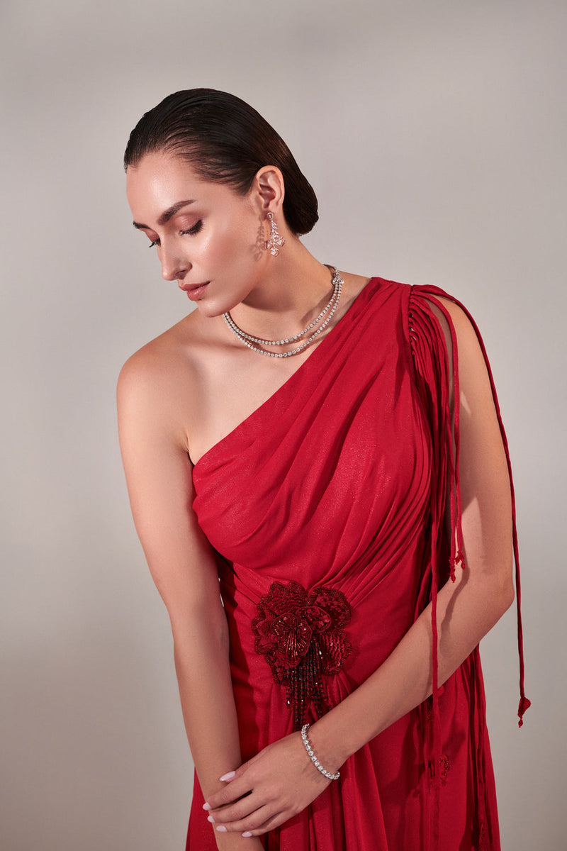 Draped Scarlet Gown With 3D Hand Embroidered Flower Detail On Front And Dori Detail On Sleeves