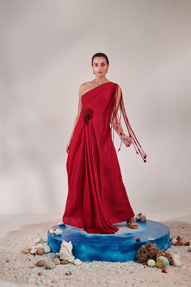 Draped Scarlet Gown With 3D Hand Embroidered Flower Detail On Front And Dori Detail On Sleeves