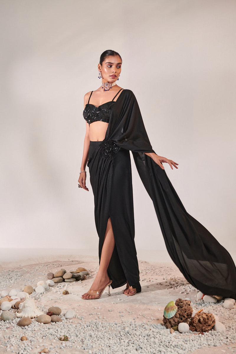 Fuss-Free Pre-Stitched Drape Saree; Hand Embroidered Blouse And Feather Detailing