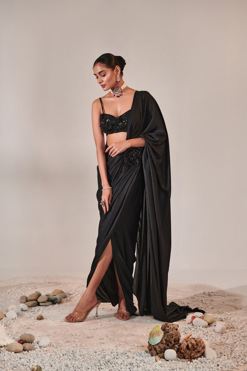 Fuss-Free Pre-Stitched Drape Saree; Hand Embroidered Blouse And Feather Detailing