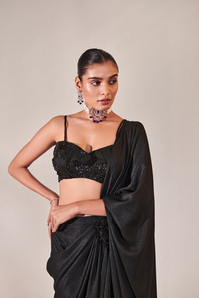 Fuss-Free Pre-Stitched Drape Saree; Hand Embroidered Blouse And Feather Detailing