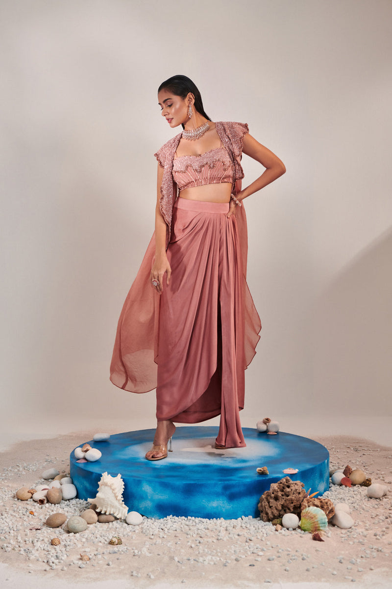 Salmon Pink Shawl Collar Cutwork Cape And Water Effect Embroidred Blouse ; Gradient Colour Embroidery