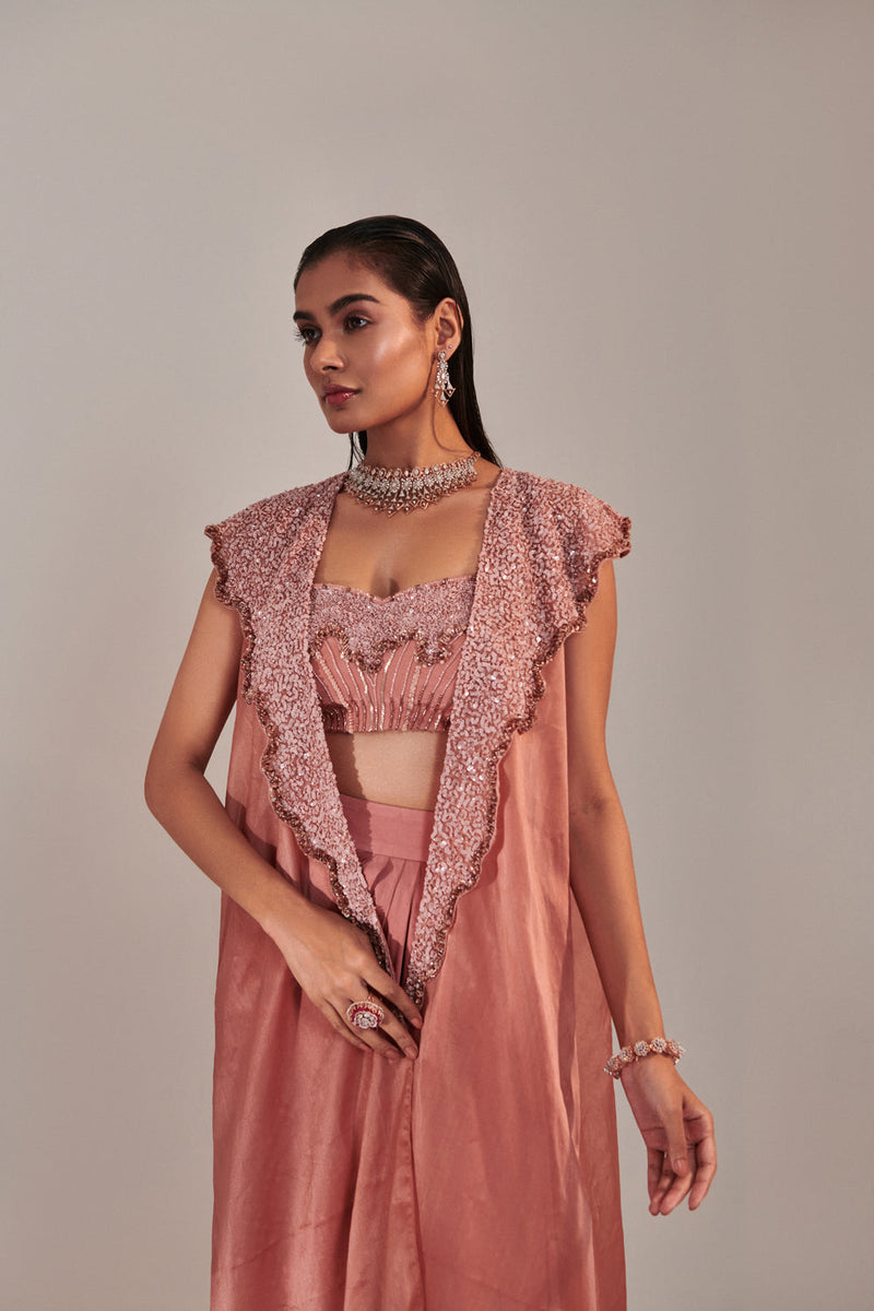 Salmon Pink Shawl Collar Cutwork Cape And Water Effect Embroidred Blouse ; Gradient Colour Embroidery