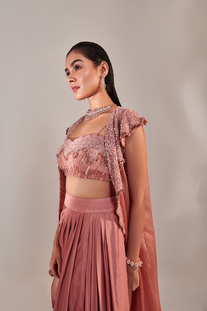 Salmon Pink Shawl Collar Cutwork Cape And Water Effect Embroidred Blouse ; Gradient Colour Embroidery