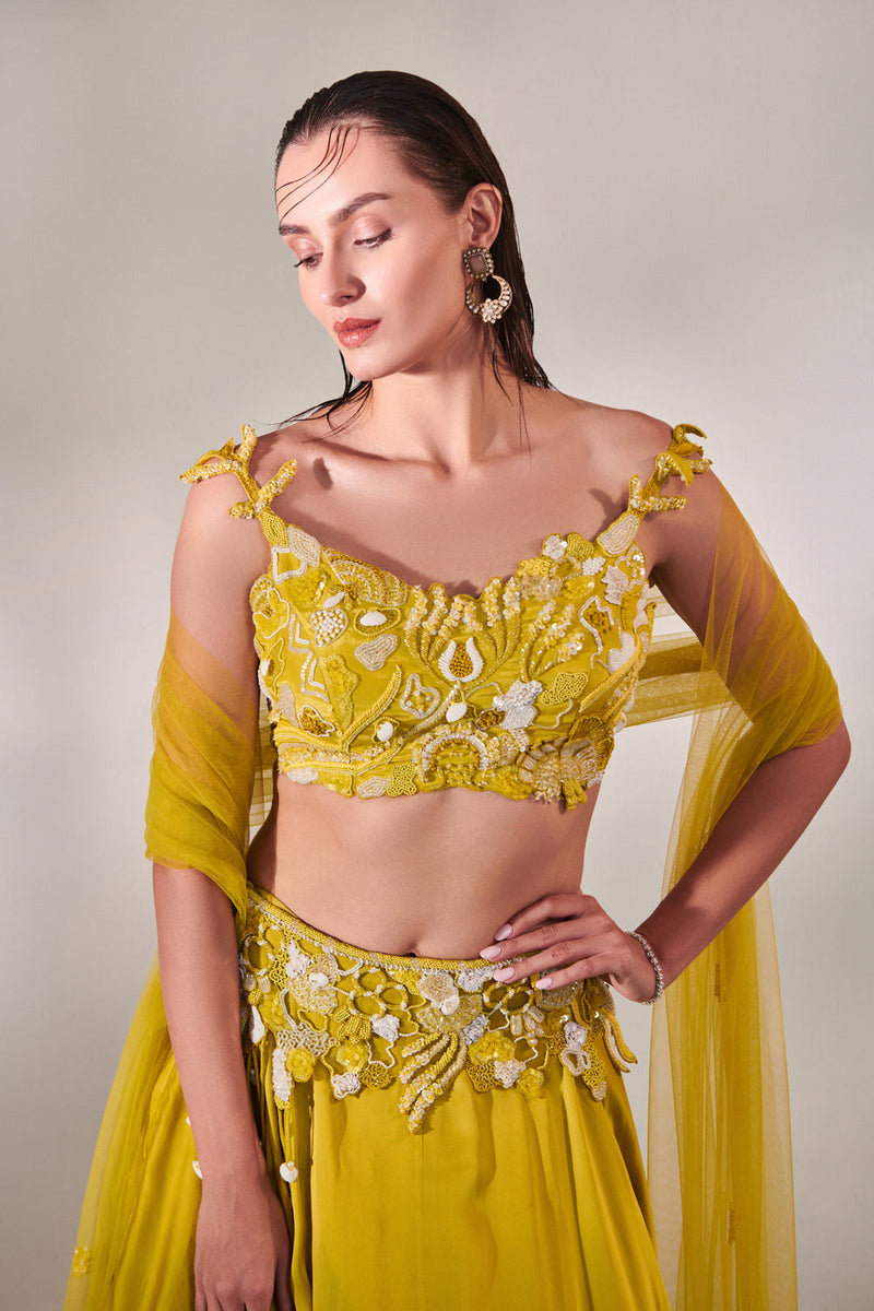 Off Shoulder Cutwork Blouse Lehenga; Bag Only For Styling Purpose; Not Included In This Set.